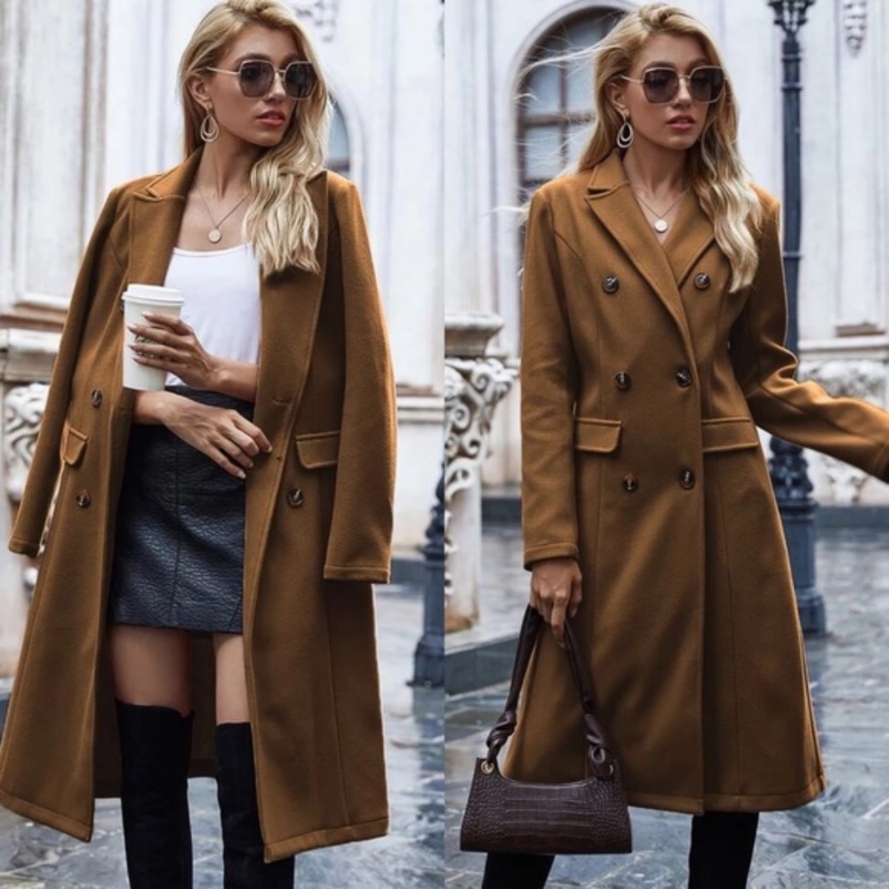 Camel Trench Coat Double Breasted fall Jacket coat - Picture 2 of 6